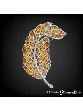 Vintage Signed Labella Autumn Leaf Rhinestone Brooch Silver Tone
